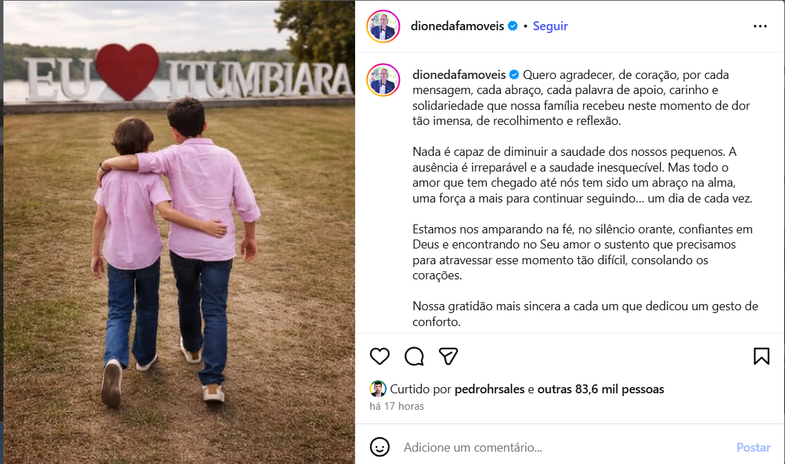 “Nada é capaz de diminuir a saudade”, diz prefeito de Itumbiara sobre morte de netos