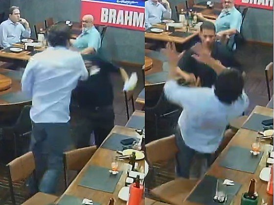 Cliente parte pra cima de garçom em bar, leva soco na cara e vai parar no chão; veja vídeo