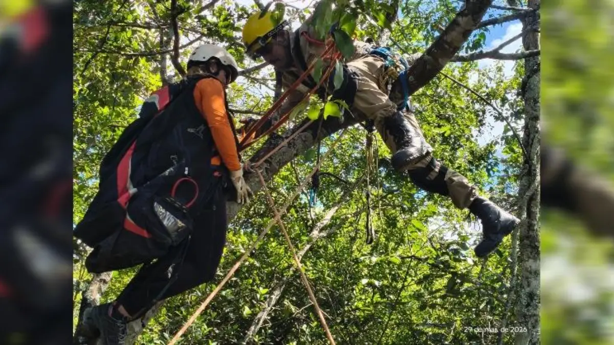 Mulher fica presa em árvore durante salto de parapente